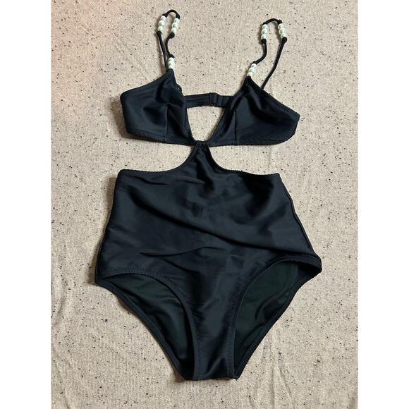 J.Crew Black One Piece Swimsuit Pearl Strap Open Midsection Cutout Size 6 NWT - Picture 1 of 6